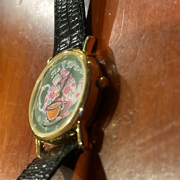 Tea Time Pop Art Tea Pot Watch Genuine Black Leather Strap Watch Gold Accents - Picture 4 of 12